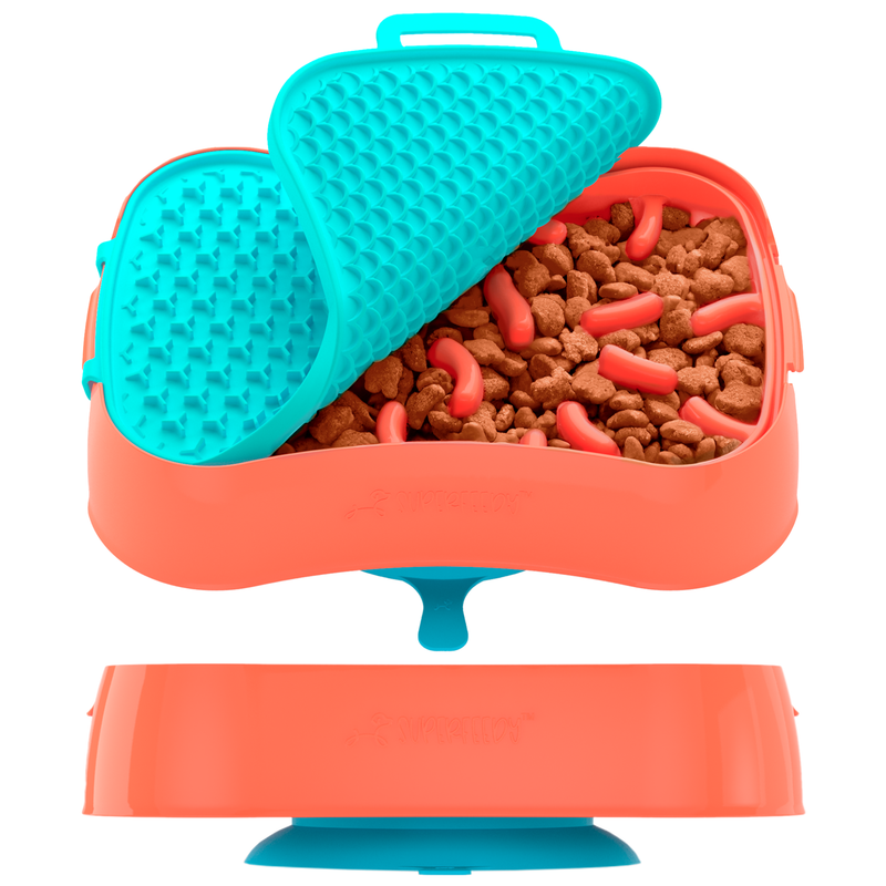4-in-1 Slow Feeder Dog Bowl - Warm Ocean Red Bowl with Teal Lickmat