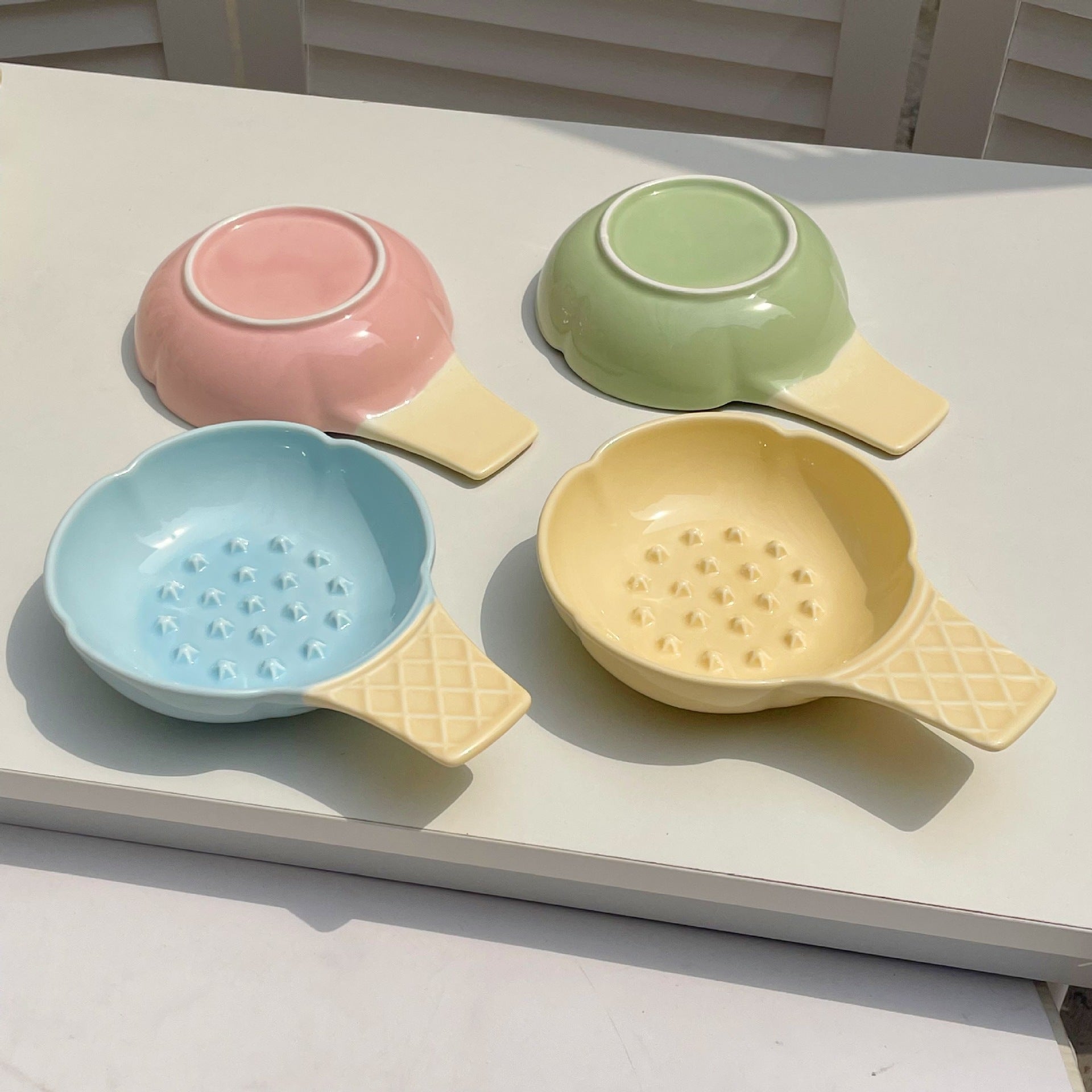 2 Pcs Pink and Yellow Adorable Ice Cream Cone Ceramic Slow Feeder Pet Bowl - Fun Anti-Gulp Design for Cats & Dogs
