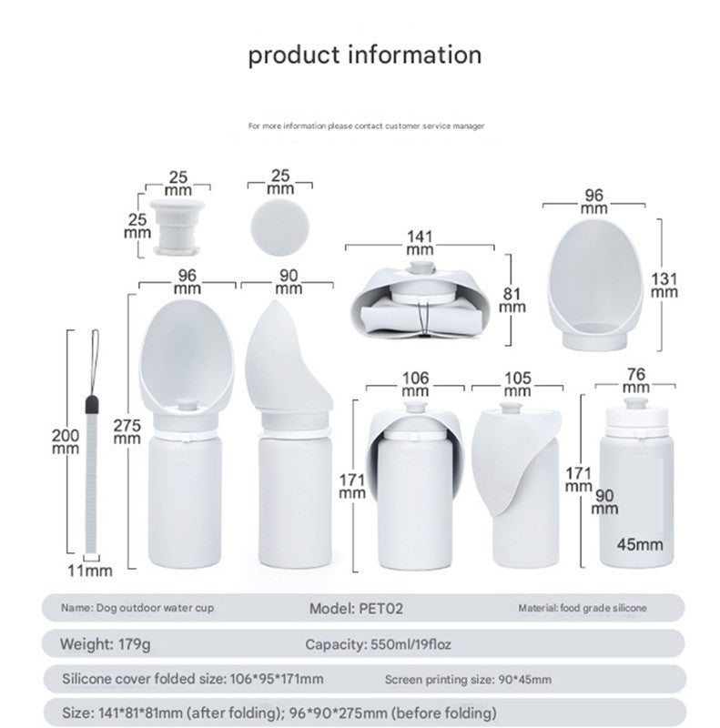Grey Portable Pet Dog Water Bottle 550ml - Foldable Food-Grade Silicone Travel Drinker with Leak-Proof Dispenser